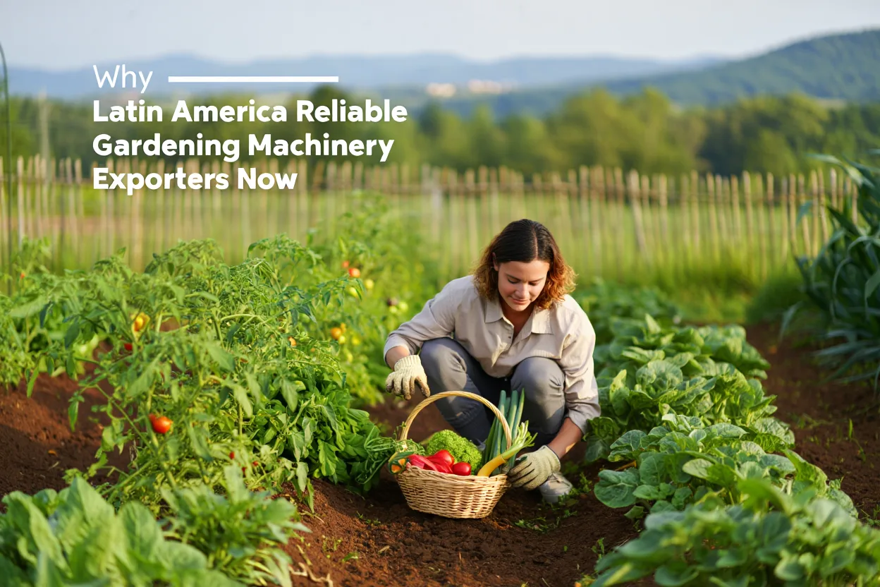 A smiling woman crouches in a lush vegetable garden, harvesting fresh produce by hand and placing it into a wicker basket, illustrating the potential for agriculture in Latin America.