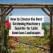 Framed view of a colorful Latin American flower garden through a wooden archway, with text about choosing gardening machinery exporters.