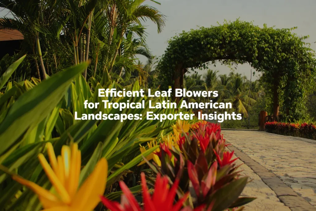 Tropical Latin American garden path with colorful flowers and lush palm trees, emphasizing the need for efficient leaf blowers in dense landscapes.
