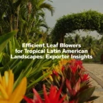 Tropical Latin American garden path with colorful flowers and lush palm trees, emphasizing the need for efficient leaf blowers in dense landscapes.