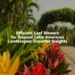 Tropical Latin American garden path with colorful flowers and lush palm trees, emphasizing the need for efficient leaf blowers in dense landscapes.