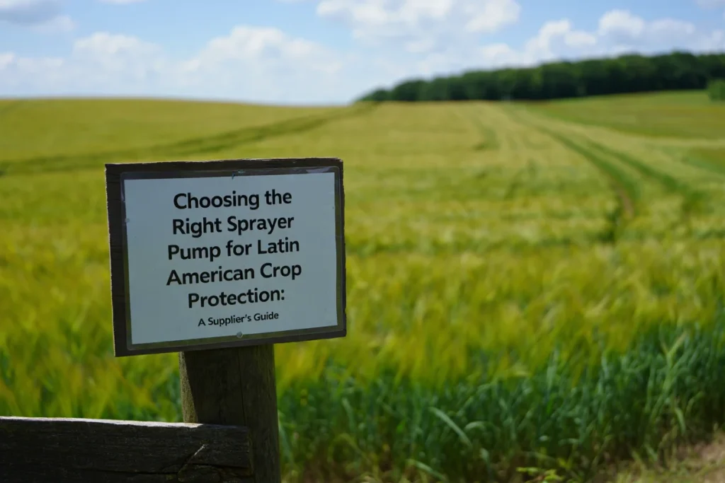 Wooden sign in a green agricultural field with text about selecting the right sprayer pump for Latin American crop protection.