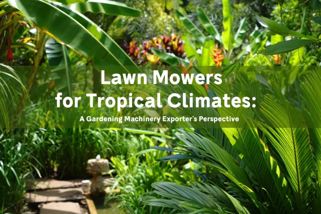 Dense tropical garden with vibrant green foliage and a stone pathway, symbolizing environments where specialized lawn mowers are essential for maintenance.