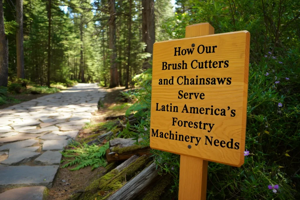 Wooden sign in a forest displaying Stronwell's message on brush cutters and chainsaws serving Latin America's forestry machinery needs.