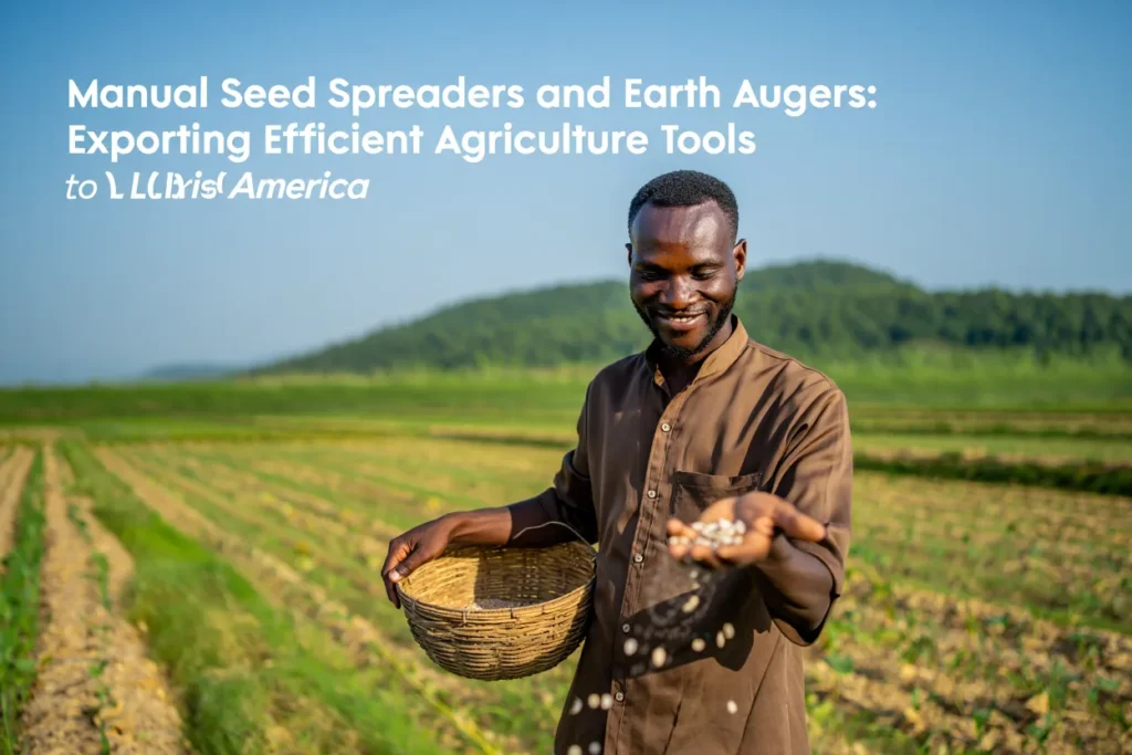 Smiling farmer sowing seeds by hand in a lush green field with a basket, symbolizing traditional agriculture practices in Latin America and the need for efficient farming tools.