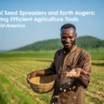 Smiling farmer sowing seeds by hand in a lush green field with a basket, symbolizing traditional agriculture practices in Latin America and the need for efficient farming tools.