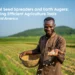 Smiling farmer sowing seeds by hand in a lush green field with a basket, symbolizing traditional agriculture practices in Latin America and the need for efficient farming tools.