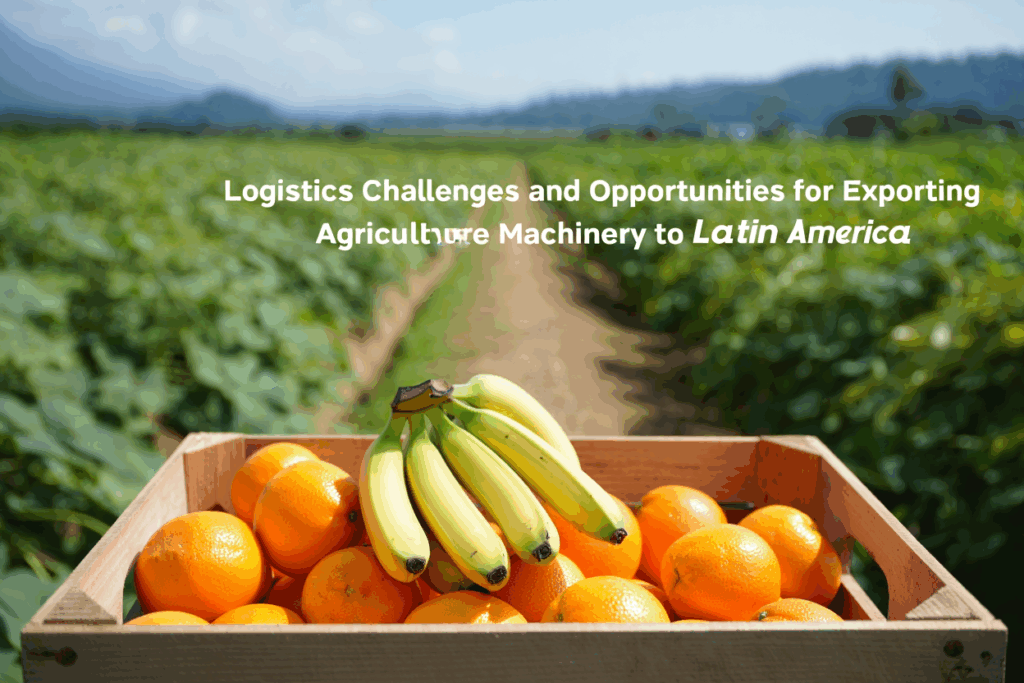 Wooden crate filled with fresh oranges and bananas in the foreground of a vast Latin American agricultural field, representing export opportunities and supply chain logistics.