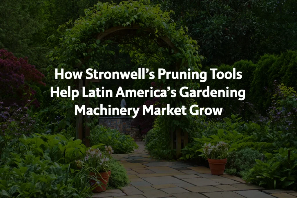 Beautifully maintained garden pathway with flower pots and an arched trellis, promoting Stronwell's role in Latin America’s gardening tools market.