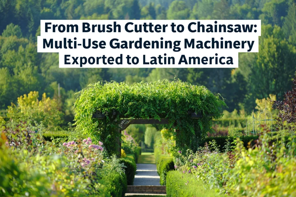 Lush garden with an archway covered in greenery, illustrating the utility of exported brush cutters and chainsaws in Latin American horticulture.