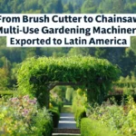 Lush garden with an archway covered in greenery, illustrating the utility of exported brush cutters and chainsaws in Latin American horticulture.