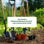Gardening tools and potted plants in a vibrant Latin American garden, with a sign reading "Top Trends in Gardening Equipment Demand Latin America (2025–2030)".